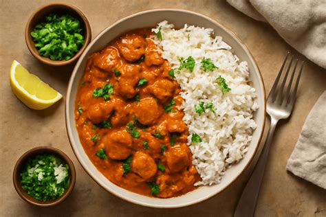 Vištienos Tikka Masala patiekalas su ryžiais ir kalendromis
