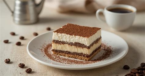 Tiramisu gabalėlis su kava ir kakavos pabarstukais